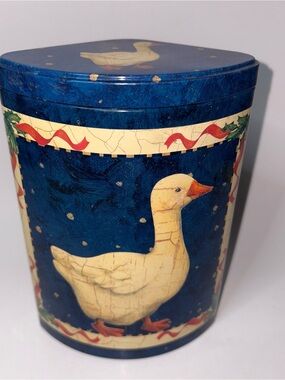 Vintage Metal Tin Winter Goose Holly 4.75”x3”x7.25” Triangular 80’s Country Chic